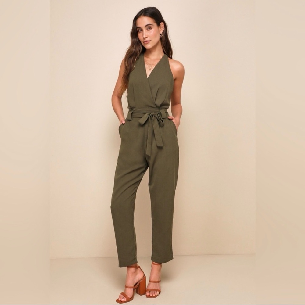 Lulu's Olive Green Sleeveless V-Neck Tie-Waist Jumpsuit